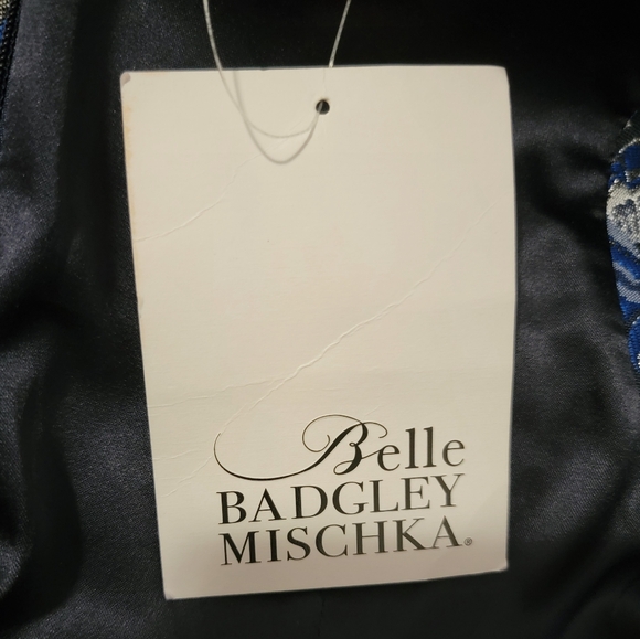 Badgley Mischka Size 8 Navy Blue Silver Floral Sheath Kurstin Dress w/ Pockets - Picture 10 of 12